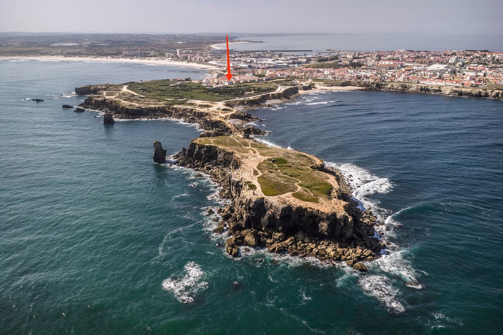 SurfPeniche Ocean View — aerial view of the Peniche peninsula in Peniche
